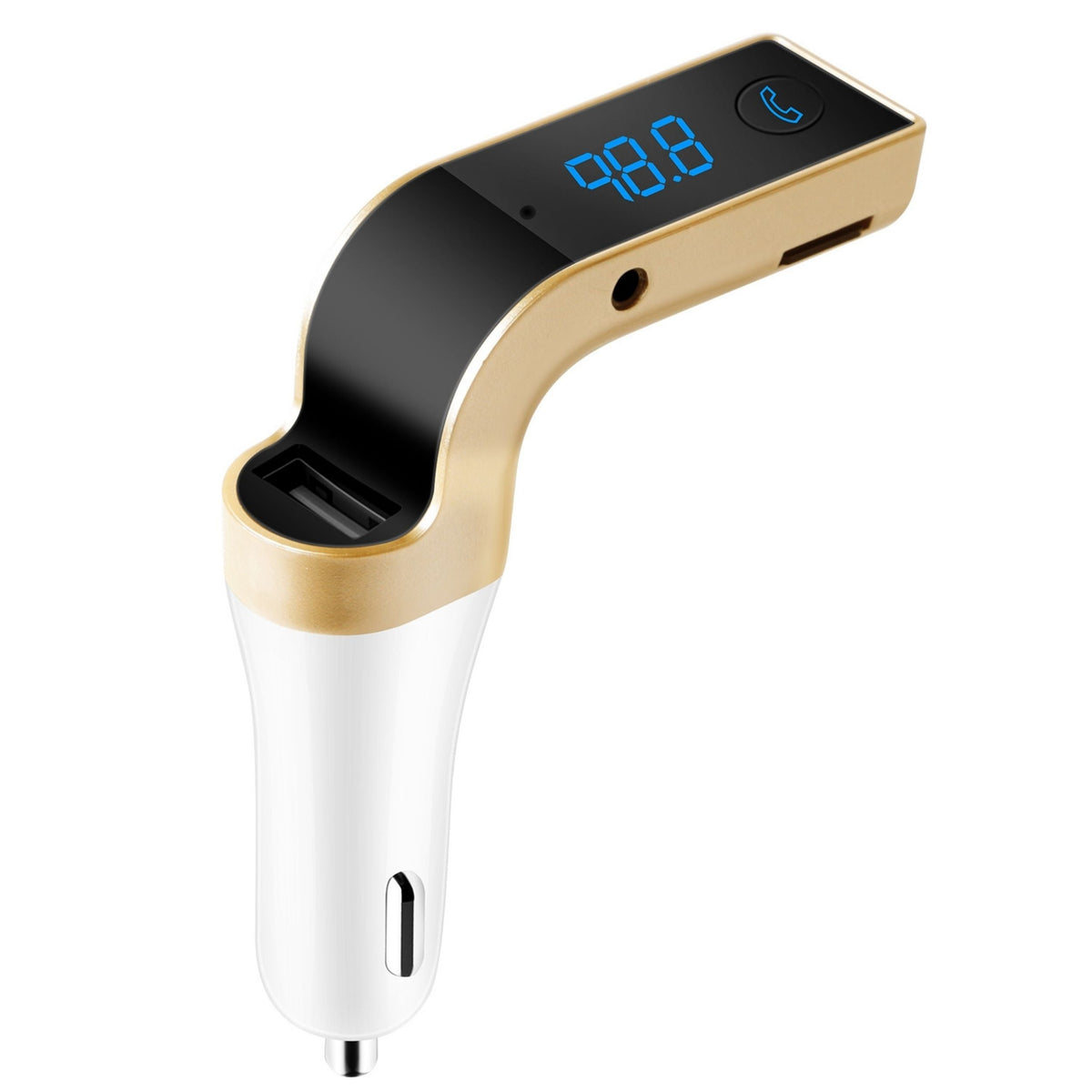 Best Product Finds car FM transmitter USB charger with LCD blue display and hands-free call button, gold/black on Tampa Home & Garden Store