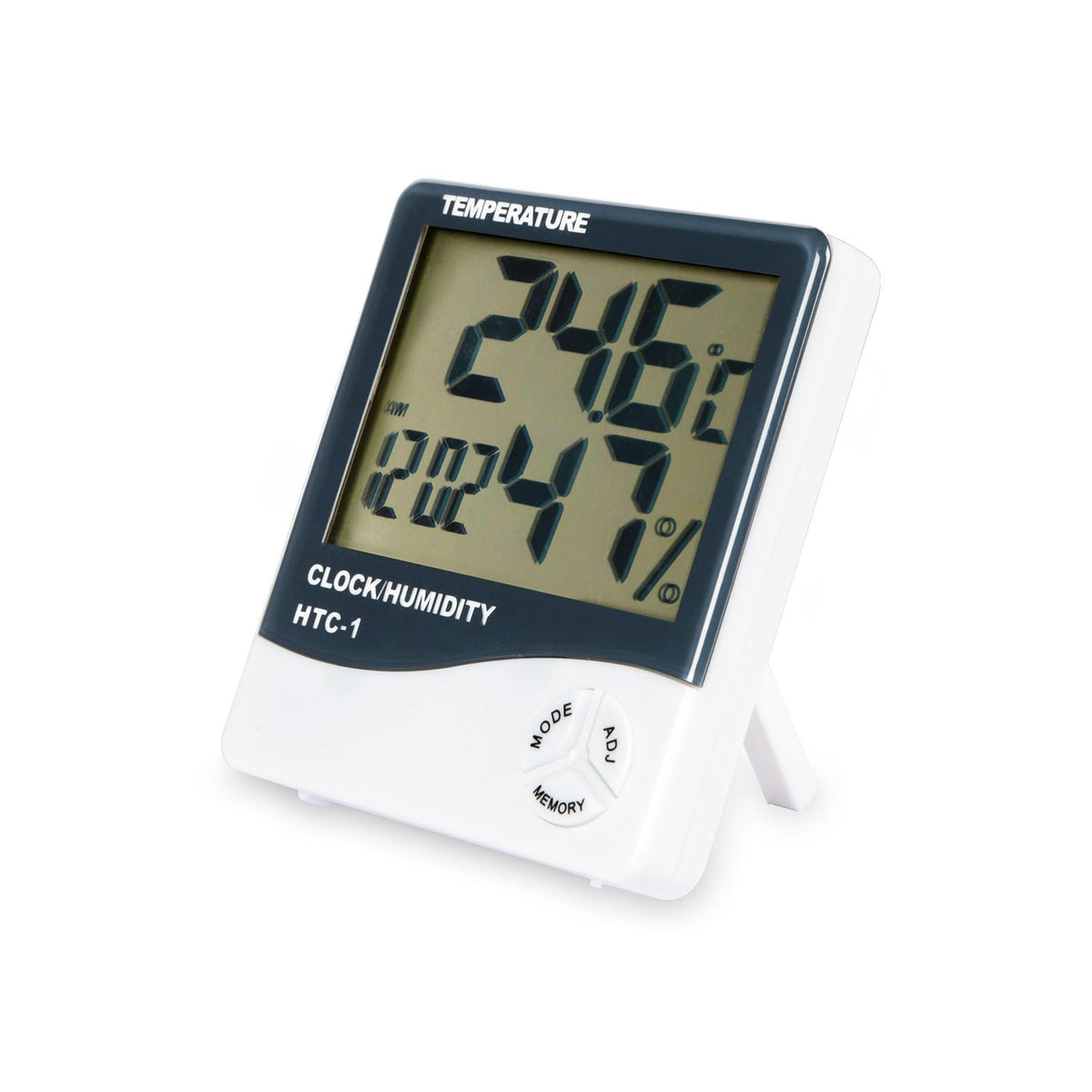 2-in-1 thermometer and hygrometer with clock alarm; white plastic unit with digital display on Tampa Home & Garden Store