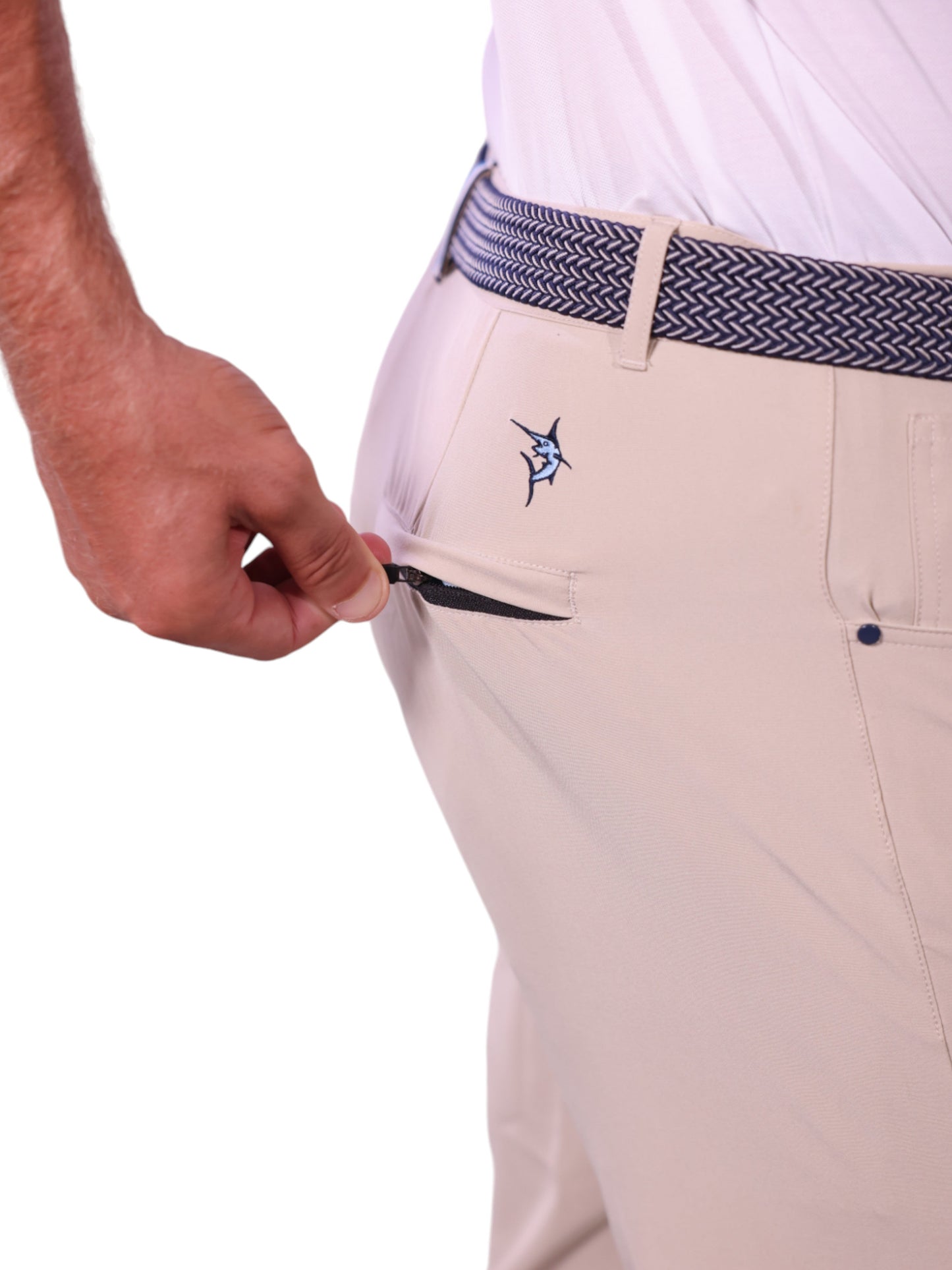 Freeport Pant Versatile Performance beige pants with navy woven belt and White Water Life logo on Tampa Home & Garden Store