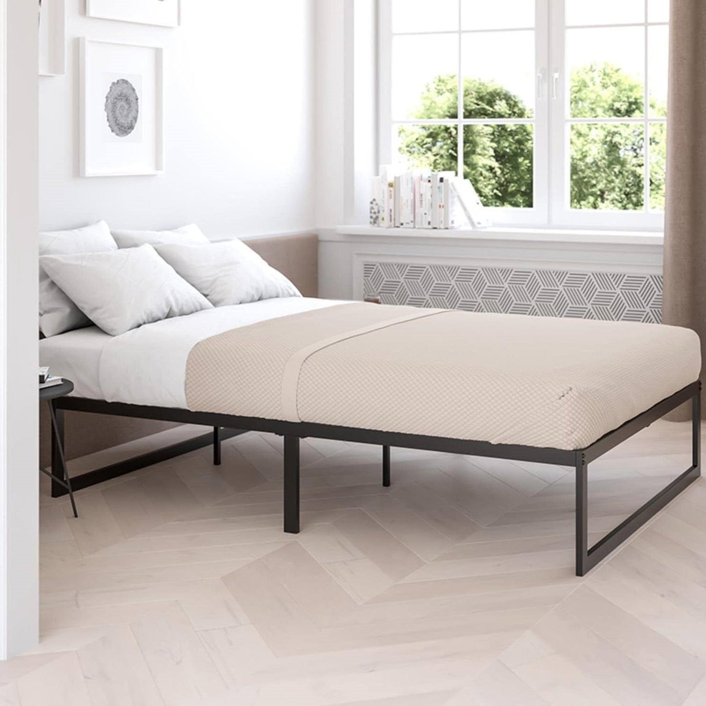 Estructura de cama de plataforma de metal negro resistente de 14 pulgadas de alto tamaño Queen
