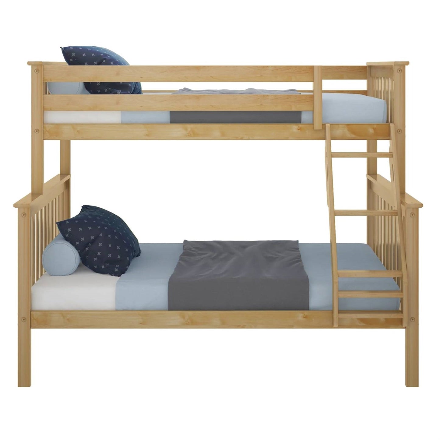 Litera de madera maciza tamaño individual sobre matrimonial con acabado de madera de pino natural
