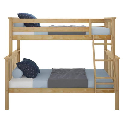 Litera de madera maciza tamaño individual sobre matrimonial con acabado de madera de pino natural