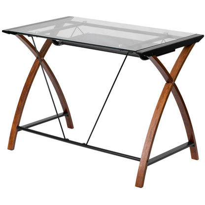 Escritorio moderno de madera de cerezo con superficie de cristal y bandeja para teclado