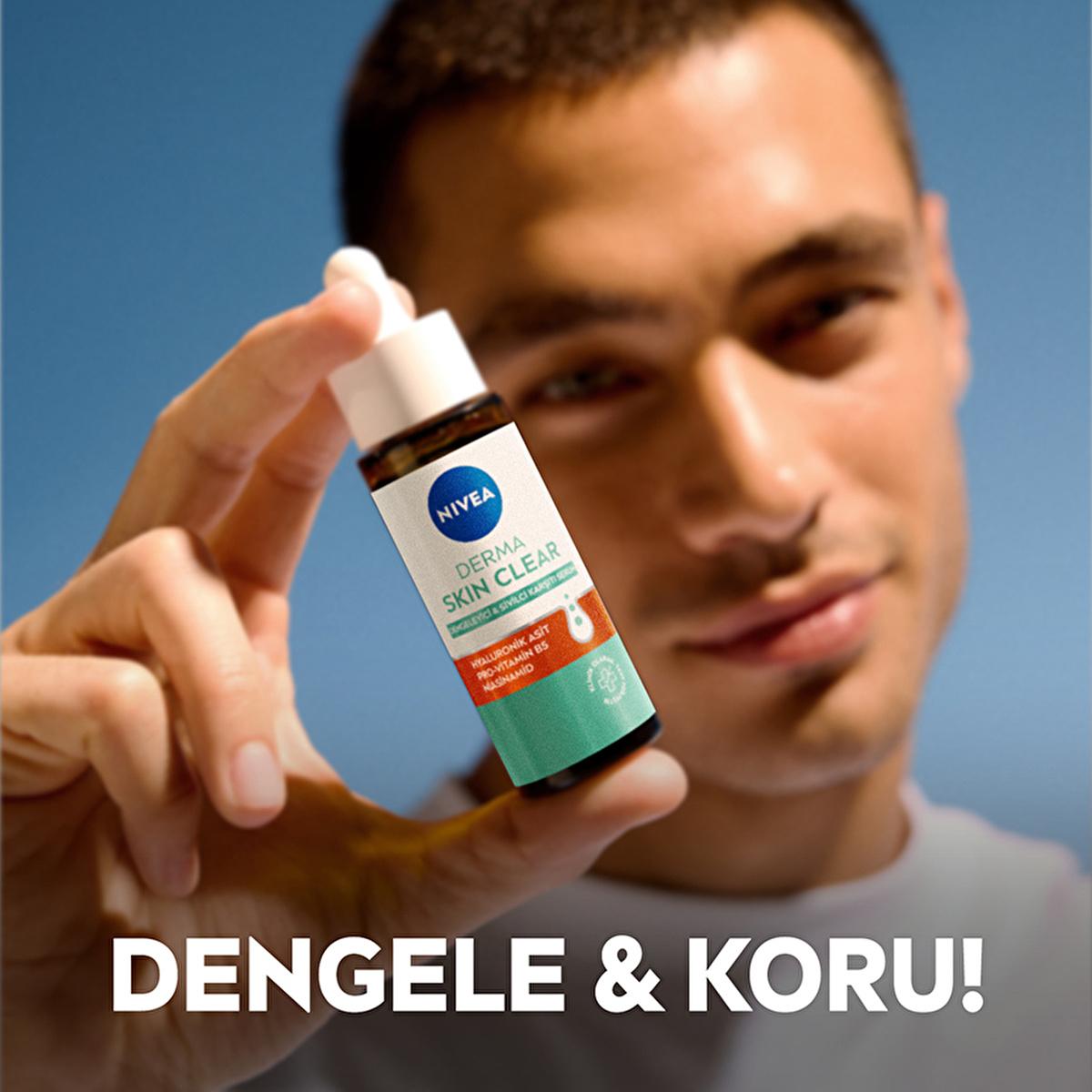 NIVEA Derma Skin Clear serum bottle with white dropper, turquoise label held by a man on Tampa Home & Garden Store