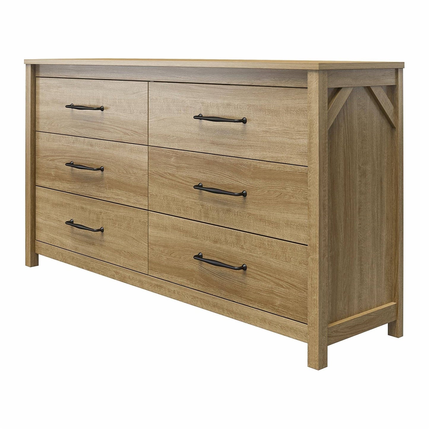 Cómoda rústica de seis cajones en acabado de madera natural