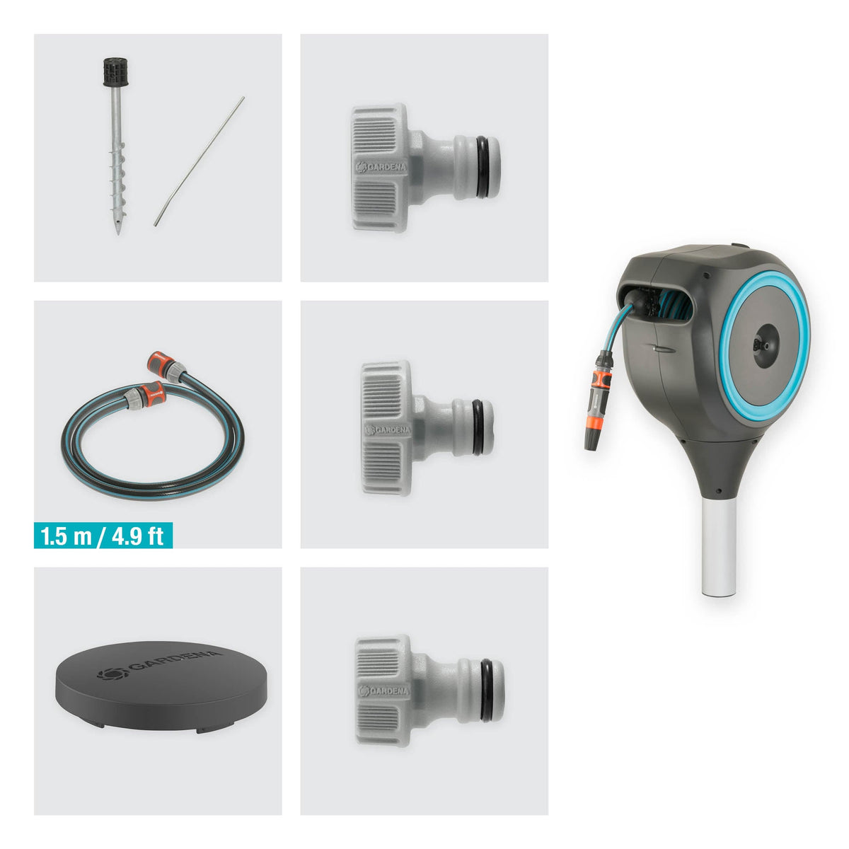 Garden Hose Box RollUp S 15m hose reel by Gardena with hose and fittings on Tampa Home & Garden Store