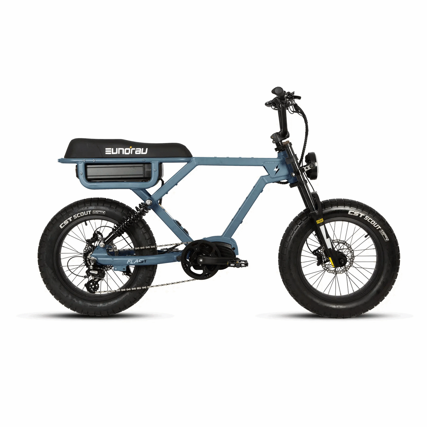 FLASH AWD 1.0 electric bike with blue frame, CST Scout fat tires, EUNORAU branding on seat on Tampa Home & Garden Store