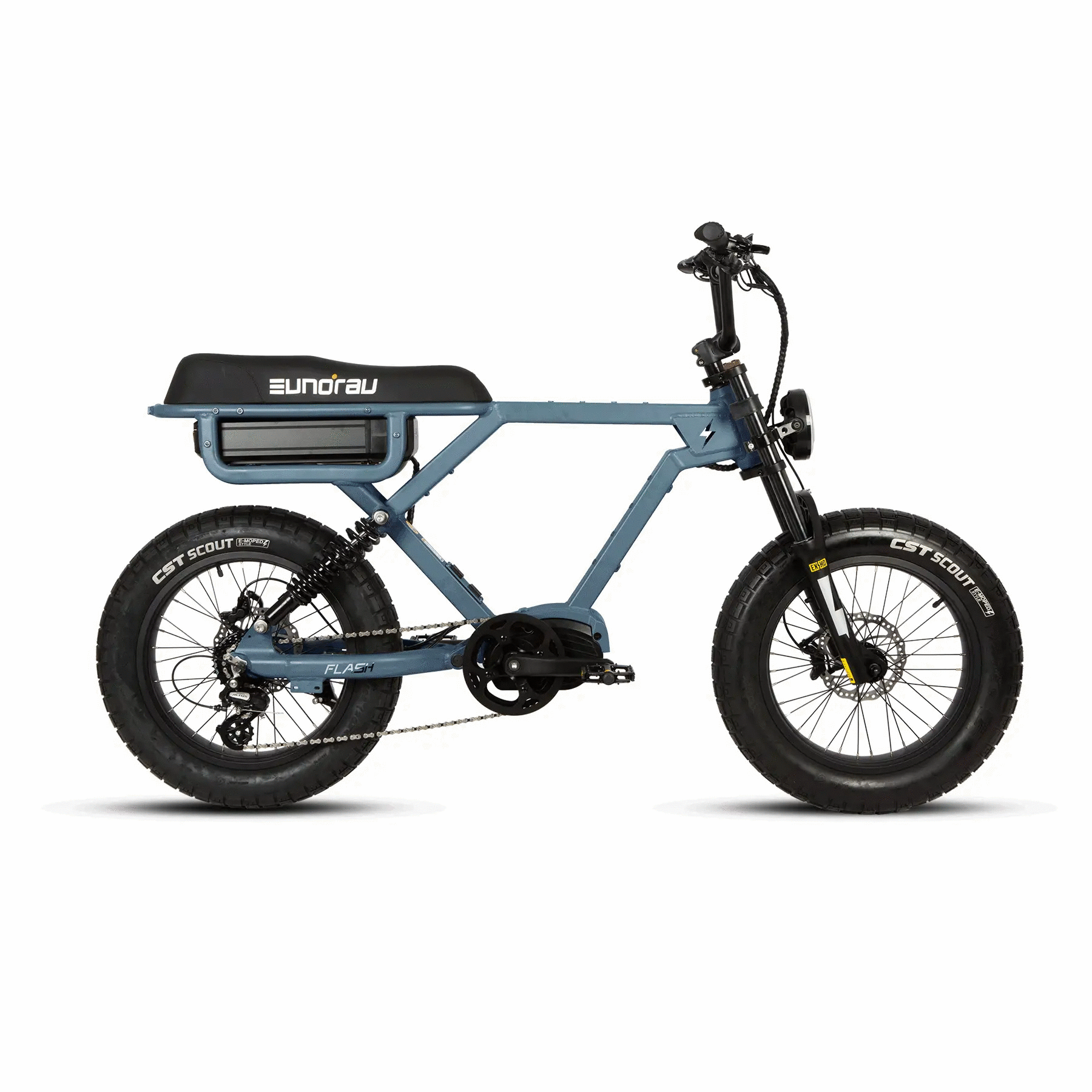 FLASH AWD 1.0 electric bike with blue frame, CST Scout fat tires, EUNORAU branding on seat on Tampa Home & Garden Store