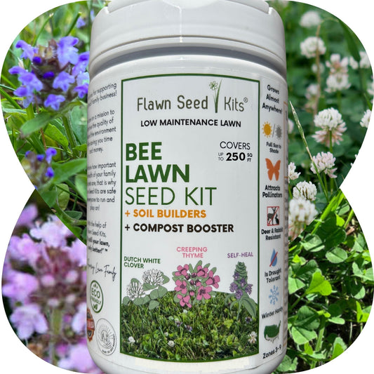 Bee Lawn Seed Kit by Flawn Seed Kits, white seed shaker container amid flowering garden on Tampa Home & Garden Store