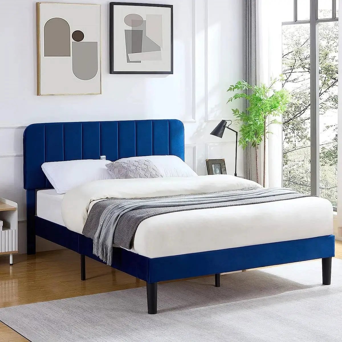 Blue Upholstered Platform Bed with Headboard