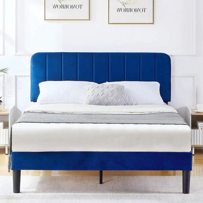Blue Upholstered Platform Bed with Headboard