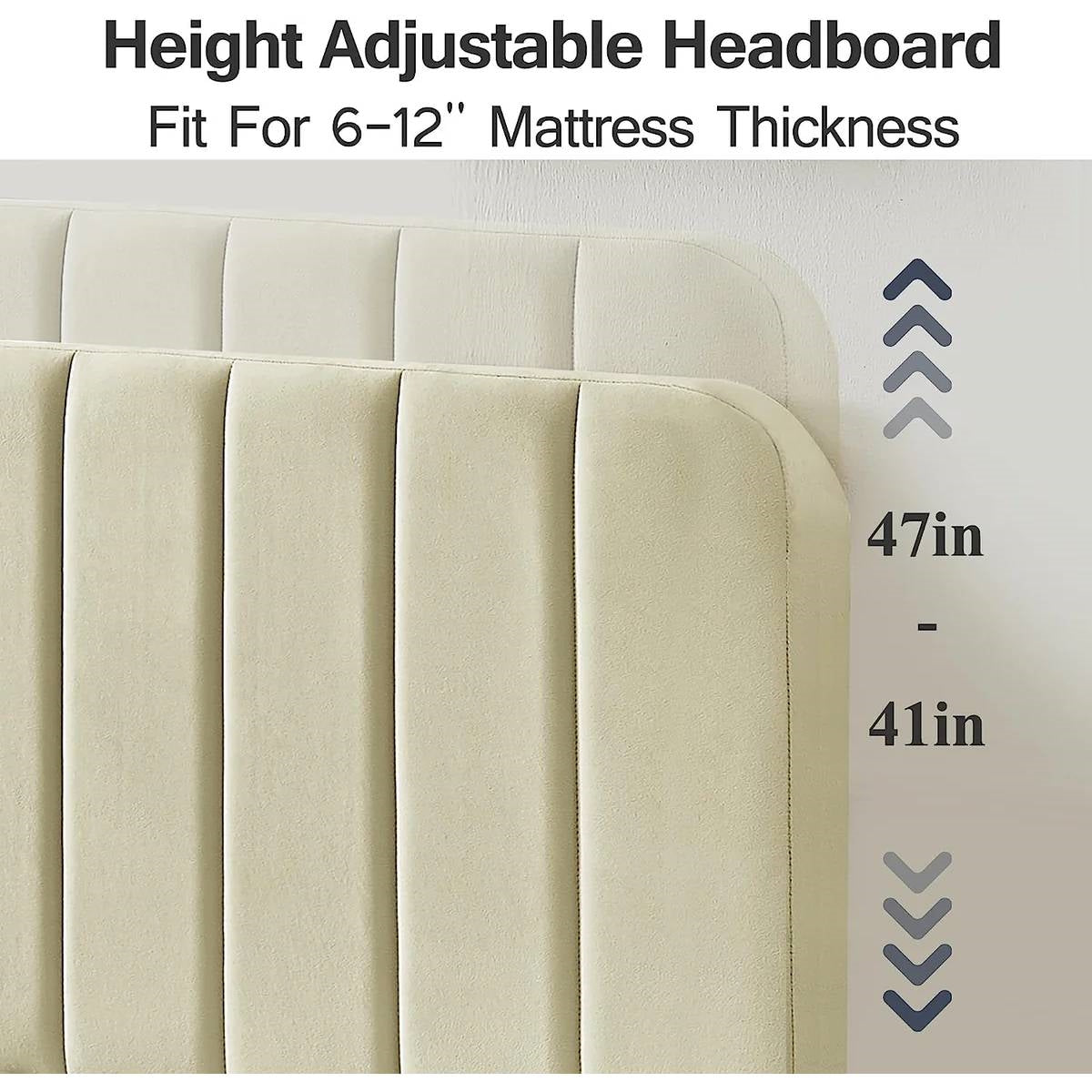 Base de cama tapizada beige de tamaño matrimonial con cabecero