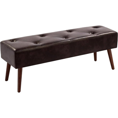 Banco de Cama de Mediados de Siglo con Asiento Tapizado en Piel Marrón Oscuro y Patas de Madera Maciza