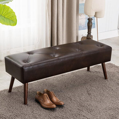 Banco de Cama de Mediados de Siglo con Asiento Tapizado en Piel Marrón Oscuro y Patas de Madera Maciza