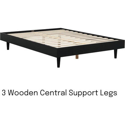 Base de cama moderna de mediados de siglo de tamaño matrimonial con acabado de madera negra