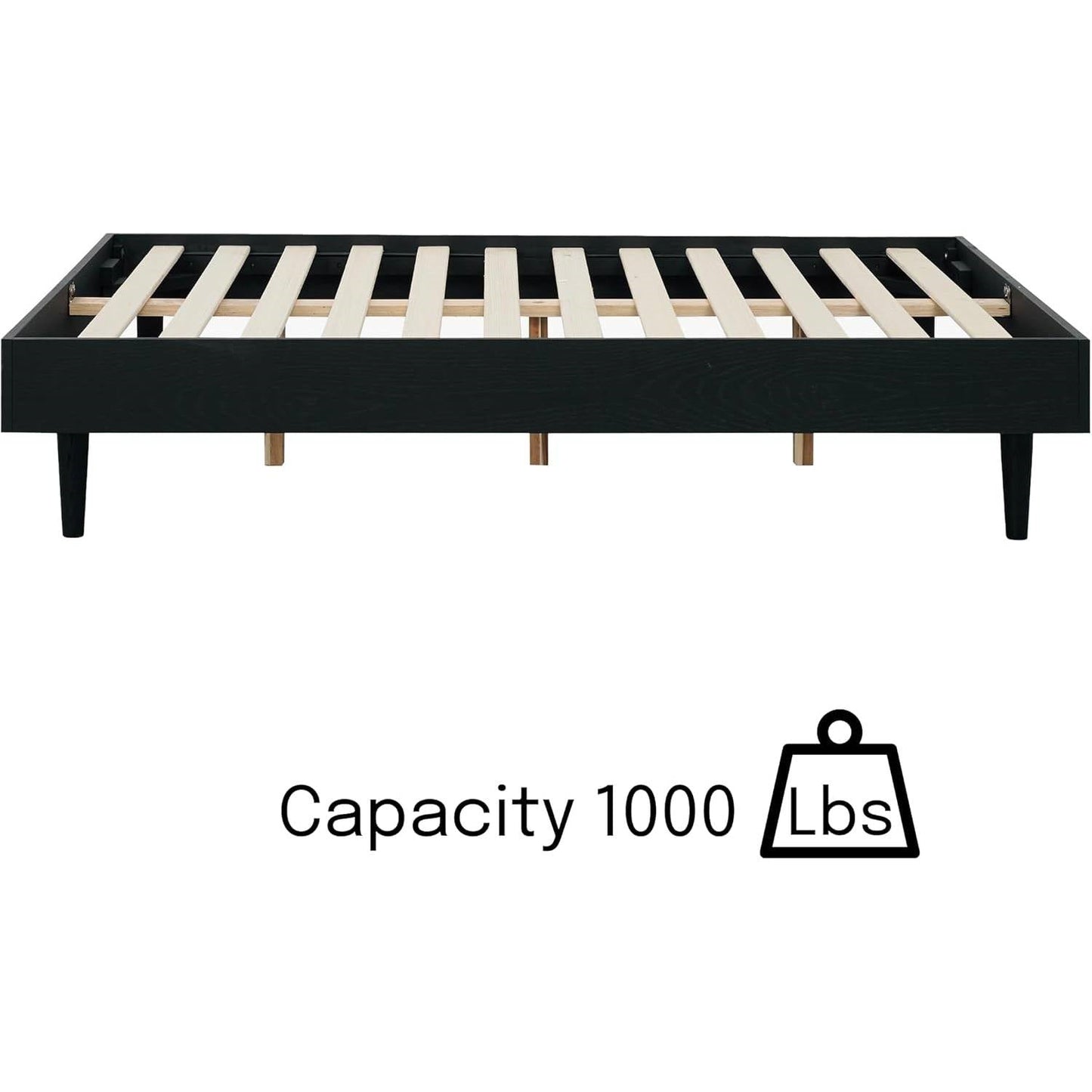 Base de cama moderna de mediados de siglo de tamaño matrimonial con acabado de madera negra