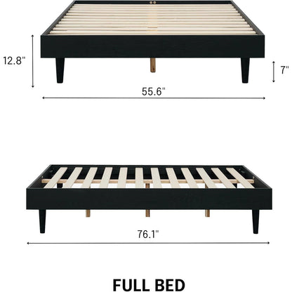 Base de cama moderna de mediados de siglo de tamaño matrimonial con acabado de madera negra