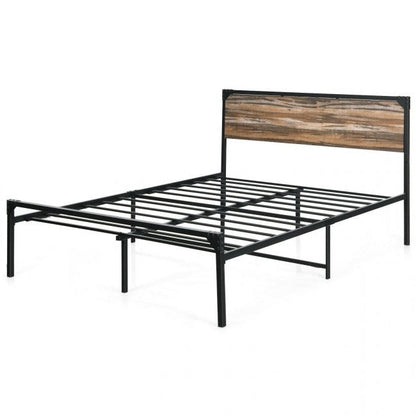 Cama de plataforma rústica de metal y madera estilo granja tamaño matrimonial