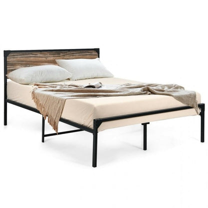 Cama de plataforma rústica de metal y madera estilo granja tamaño matrimonial