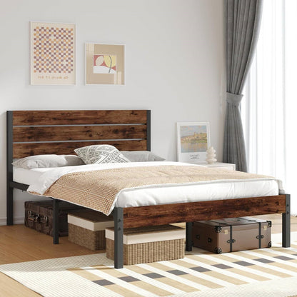 Armazón de cama de metal estilo casa de campo moderno de tamaño completo con cabecero de madera marrón