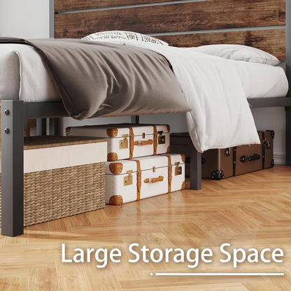 Armazón de cama de metal estilo casa de campo moderno de tamaño completo con cabecero de madera marrón