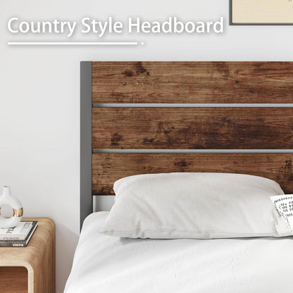 Armazón de cama de metal estilo casa de campo moderno de tamaño completo con cabecero de madera marrón