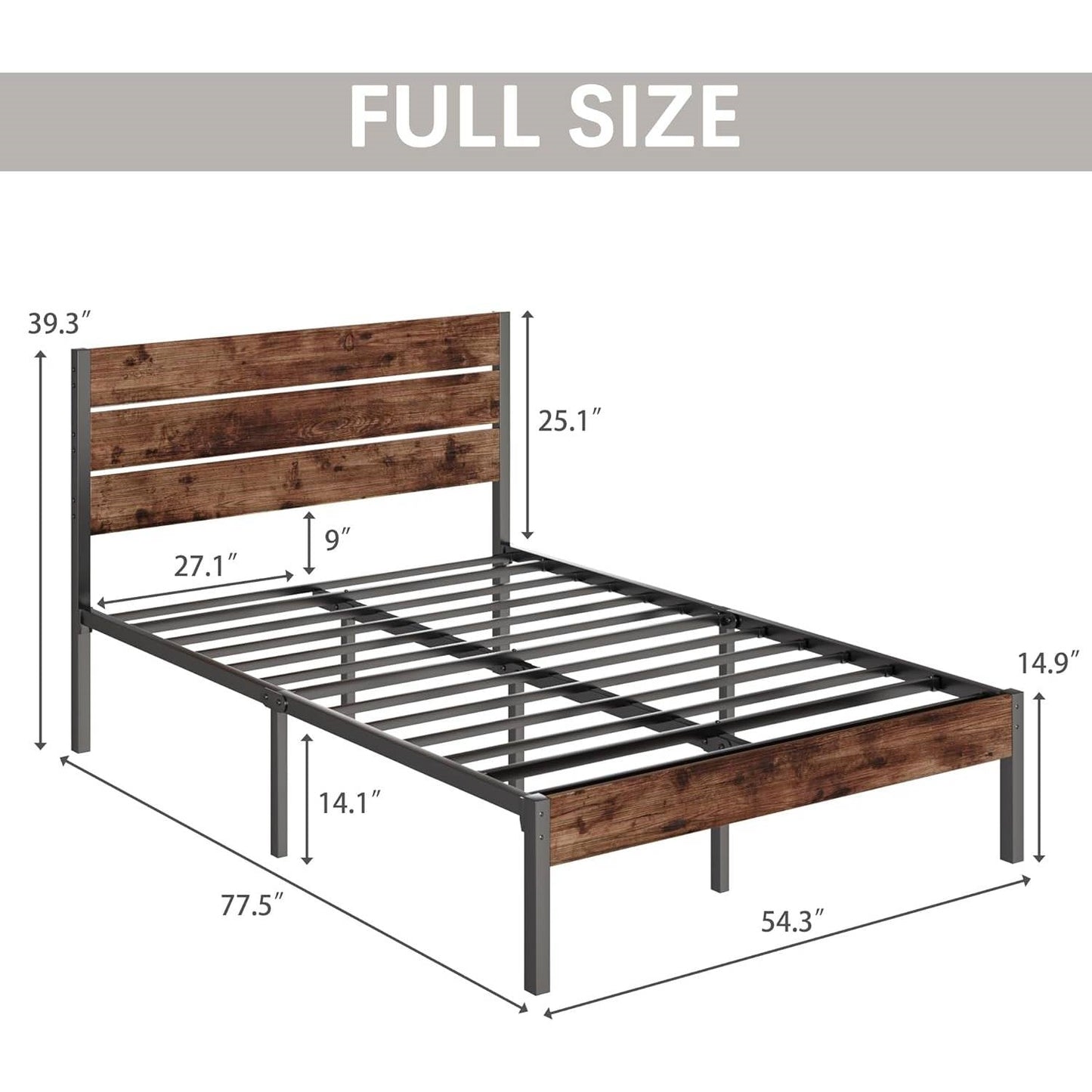 Armazón de cama de metal estilo casa de campo moderno de tamaño completo con cabecero de madera marrón