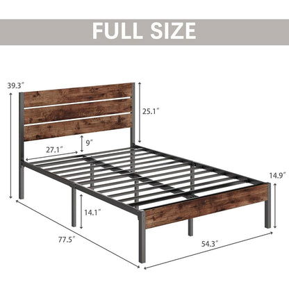 Armazón de cama de metal estilo casa de campo moderno de tamaño completo con cabecero de madera marrón