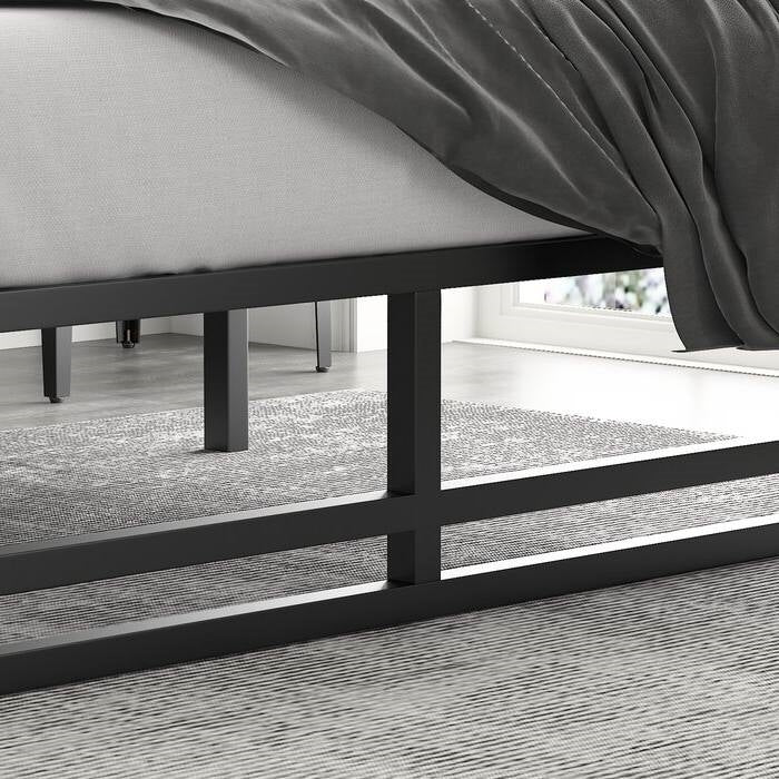 Base de cama de plataforma matrimonial de metal negro con espacio de almacenamiento debajo de la cama