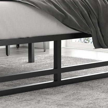 Base de cama de plataforma matrimonial de metal negro con espacio de almacenamiento debajo de la cama