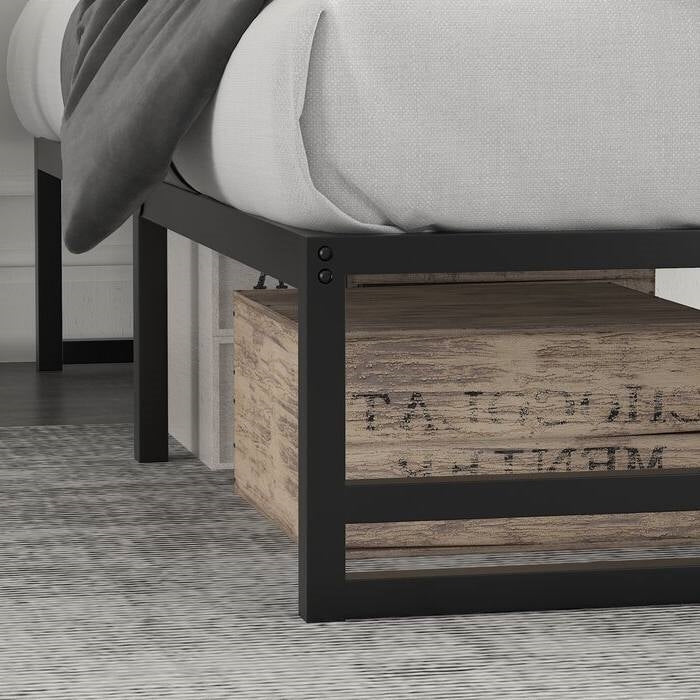 Base de cama de plataforma matrimonial de metal negro con espacio de almacenamiento debajo de la cama