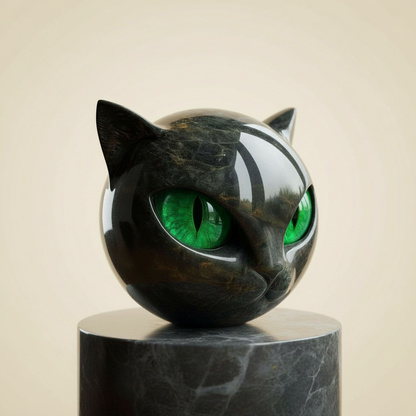 Cat Head Decorative Sculpture by Moktan Sabai in dark marble with green eyes on pedestal on Tampa Home & Garden Store