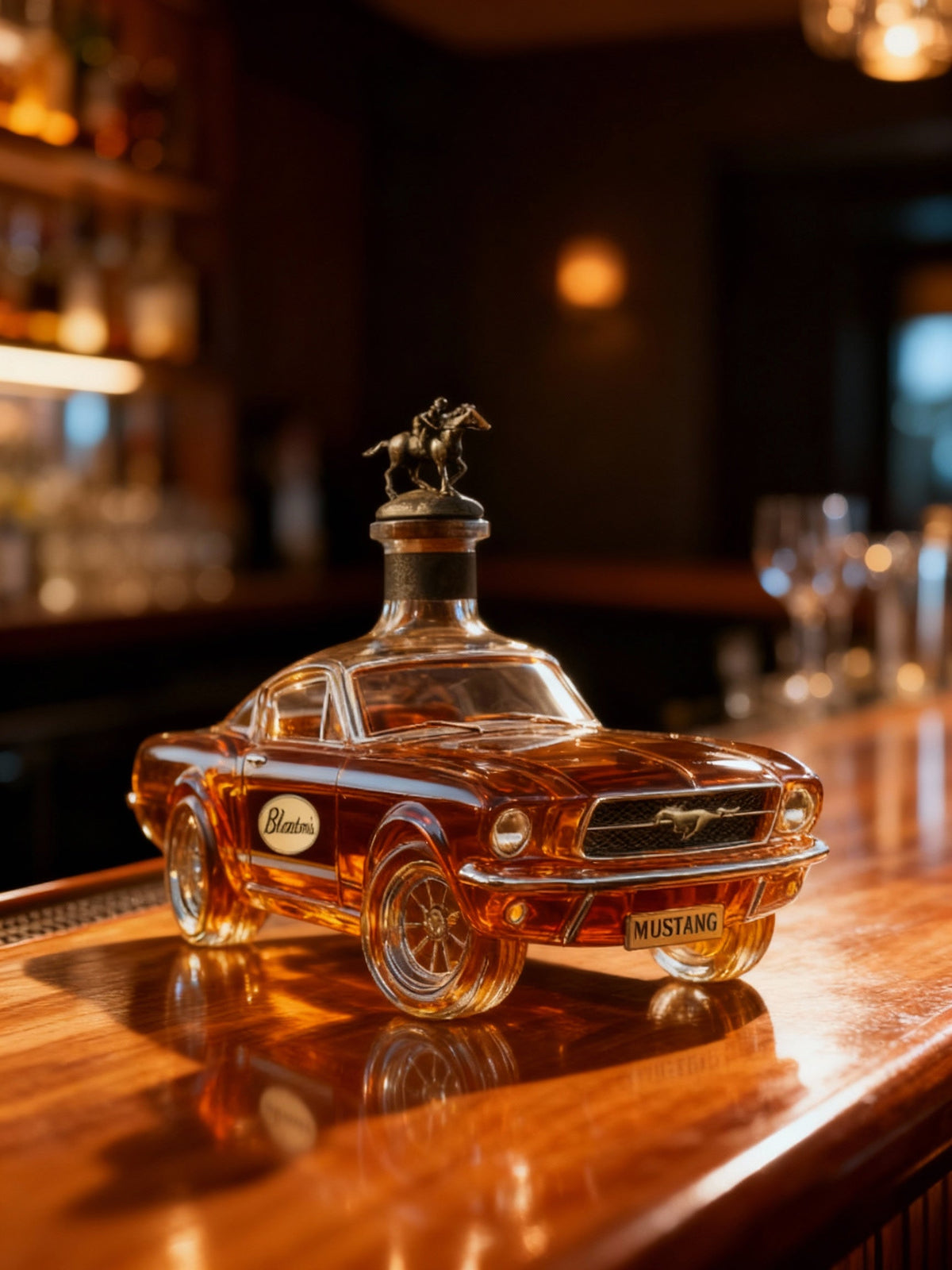 Amber Mustang car whiskey decanter with horse stopper and Blanton's label on Tampa Home & Garden Store