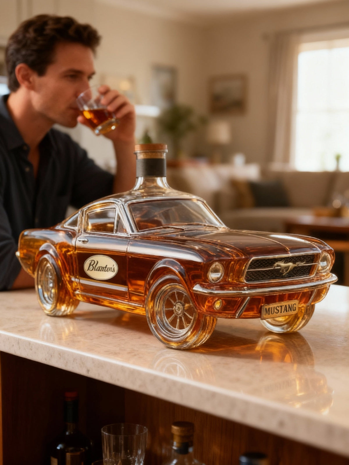 Mustang Car Whiskey Decanter amber glass car bottle with Blanton's label in a home bar on Tampa Home & Garden Store