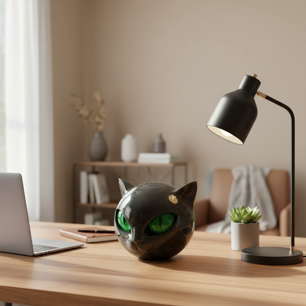 Cat Head Decorative Sculpture Moktan Sabai; glossy black cat head with green eyes on a wood desk on Tampa Home & Garden Store