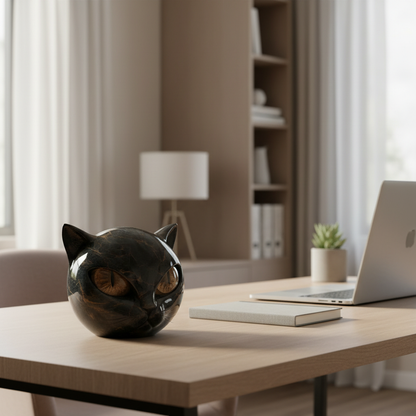 Cat Head Decorative Sculpture Moktan Sabai, black marble finish with amber eyes on a desk on Tampa Home & Garden Store