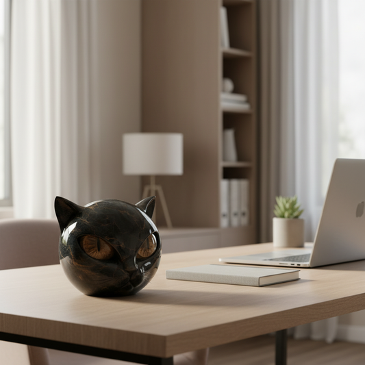 Cat Head Decorative Sculpture Moktan Sabai, black marble finish with amber eyes on a desk on Tampa Home & Garden Store