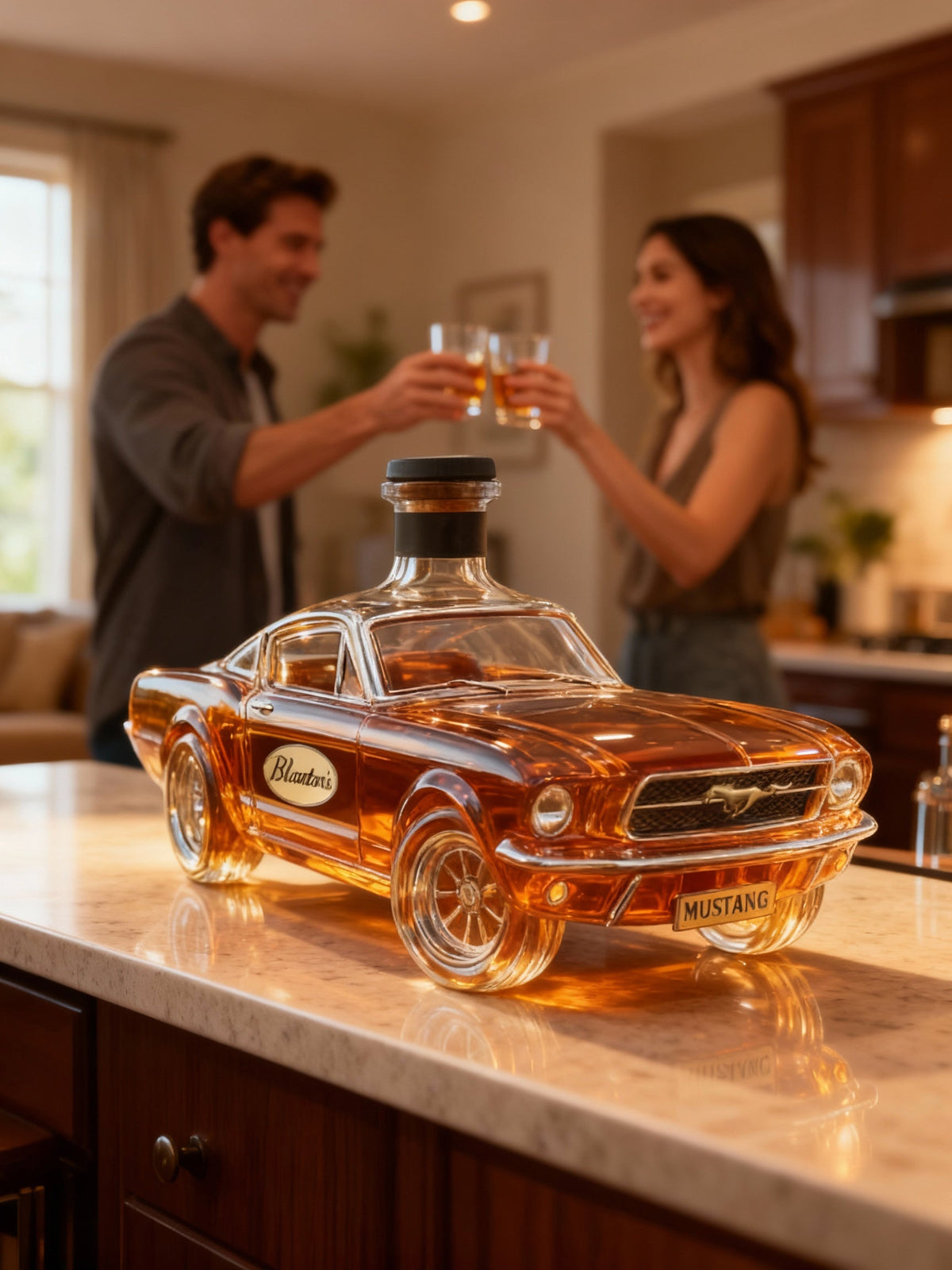 Mustang Car Whiskey Decanter, amber car-shaped glass with MUSTANG license plate in a kitchen on Tampa Home & Garden Store