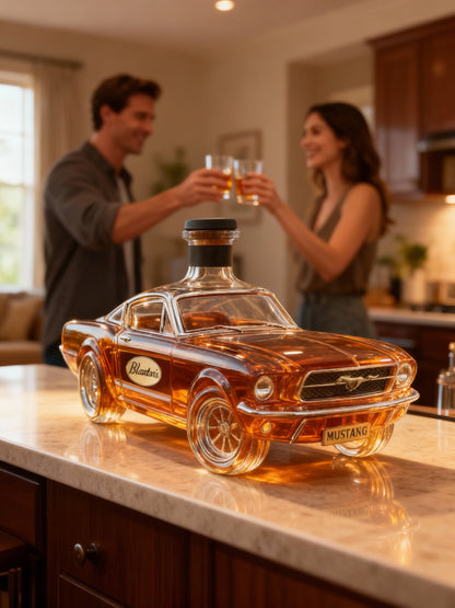Mustang Car Whiskey Decanter, amber car-shaped glass with MUSTANG license plate in a kitchen on Tampa Home & Garden Store