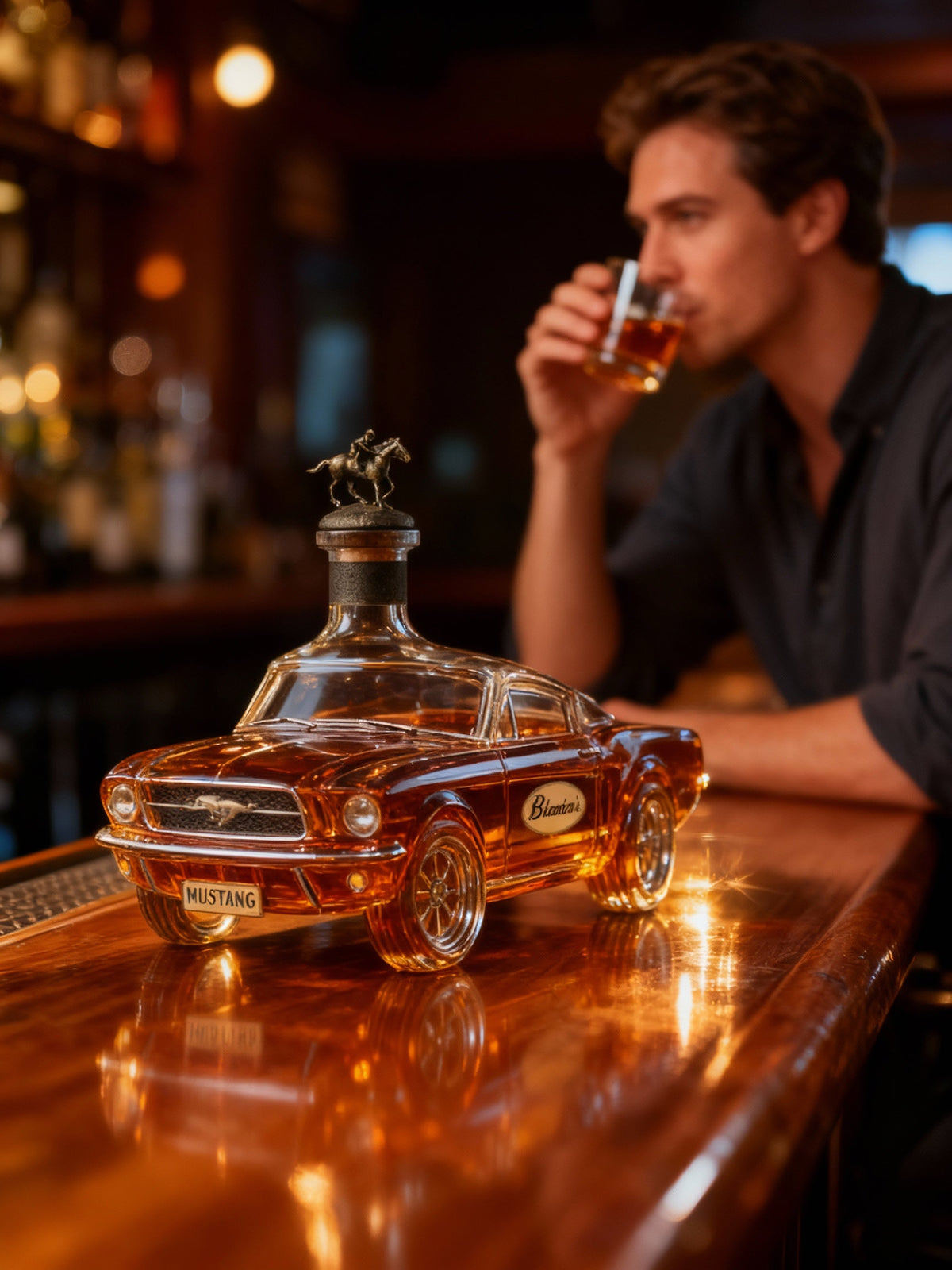 Mustang Car Whiskey Decanter by Moktan Sabai, amber glass car with silver horse topper on bar on Tampa Home & Garden Store