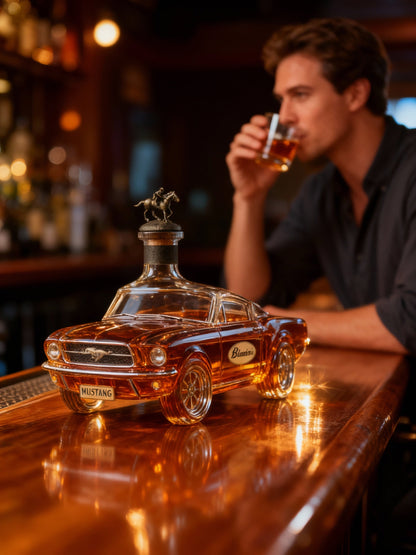 Mustang Car Whiskey Decanter by Moktan Sabai, amber glass car with silver horse topper on bar on Tampa Home & Garden Store