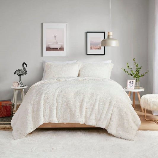 Full/Queen size Reversible Soft Sherpa Faux Fur 3-Piece Comforter Set in Ivory - Tampa Home & Garden Store