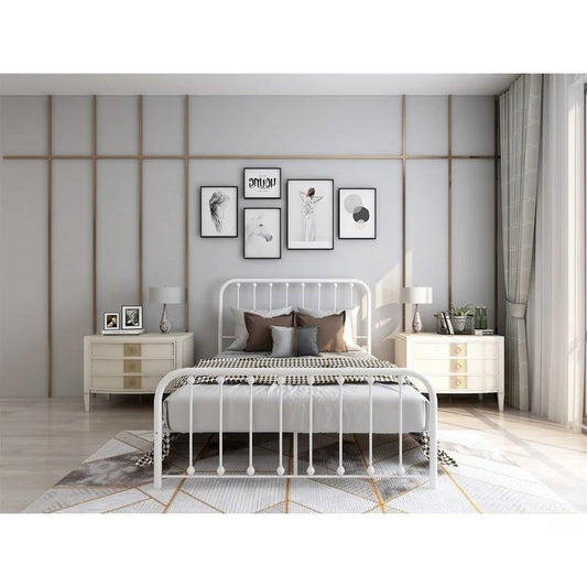 Full size Classic White Metal Bed Frame with Slatted Headboard and Footboard - Tampa Home & Garden Store