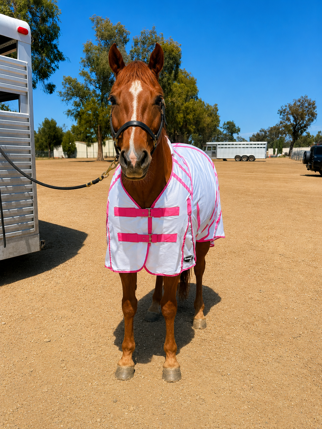 ByeBye Fly Sheets horse blanket in white with bright pink straps and TailCinch logo on Tampa Home & Garden Store