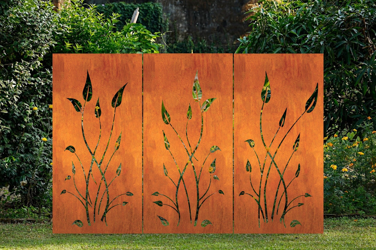 Outdoor privacy panels Rustica Ornamentals rust steel with leaf cutouts 3-panel, 24x60 & 24x72 on Tampa Home & Garden Store