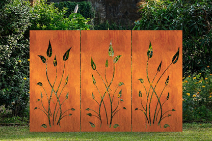 Outdoor privacy panels Rustica Ornamentals rust steel with leaf cutouts 3-panel, 24x60 & 24x72 on Tampa Home & Garden Store