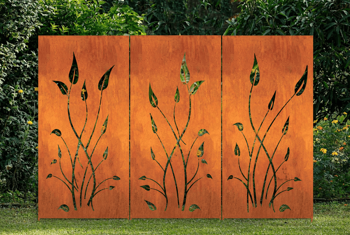 Three-panel rusty metal outdoor privacy screen with leaf-cutout vines, Rustica Ornamentals on Tampa Home & Garden Store