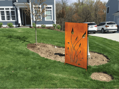 Outdoor metal privacy screen panel Rustica Ornamentals rust-orange steel with leaf motifs on Tampa Home & Garden Store