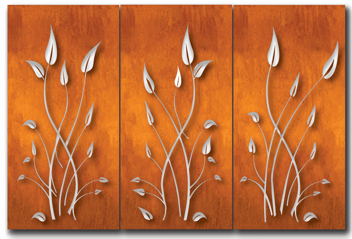 Outdoor privacy screens Rustica Ornamentals rust panels with white leaf vines, 46in, set of 4 on Tampa Home & Garden Store