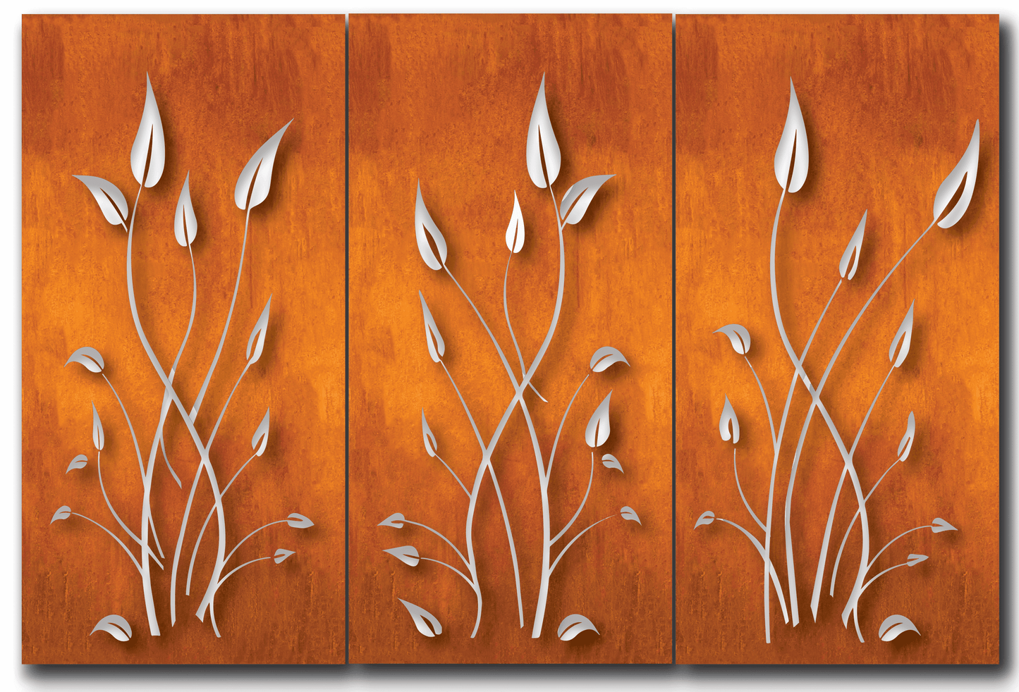 Outdoor metal privacy panels rust-orange 3-panel set with white vine cutouts Rustica Ornamentals on Tampa Home & Garden Store